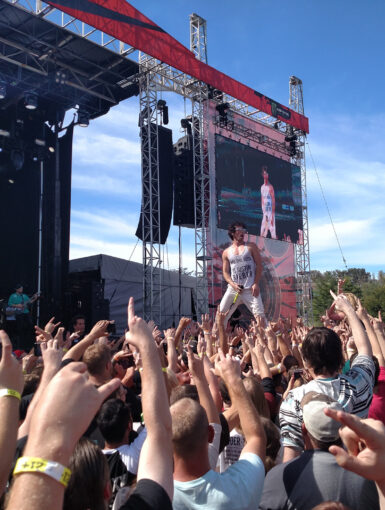 Jesse Hasek crowd surfing while performing at Louder than Life 2015 in Louisville, Kentucky