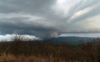 A supercell travels across eastern Oklahoma as viewed from Talimena Scenic Drive.