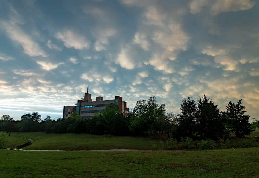 A mammatus sunset at the National Weather Center in Norman, Oklahoma