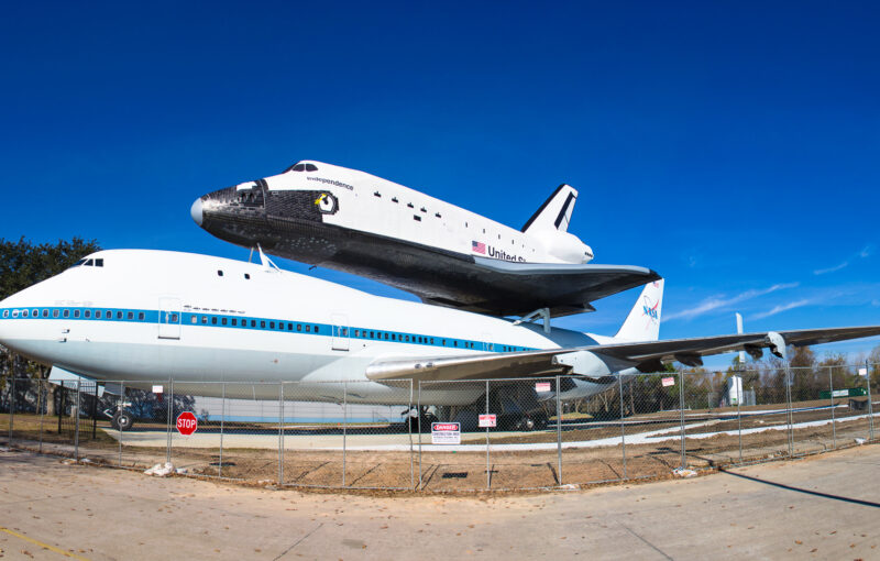 The 747 that carried the space shuttle cross country and the Independence mock up on the back